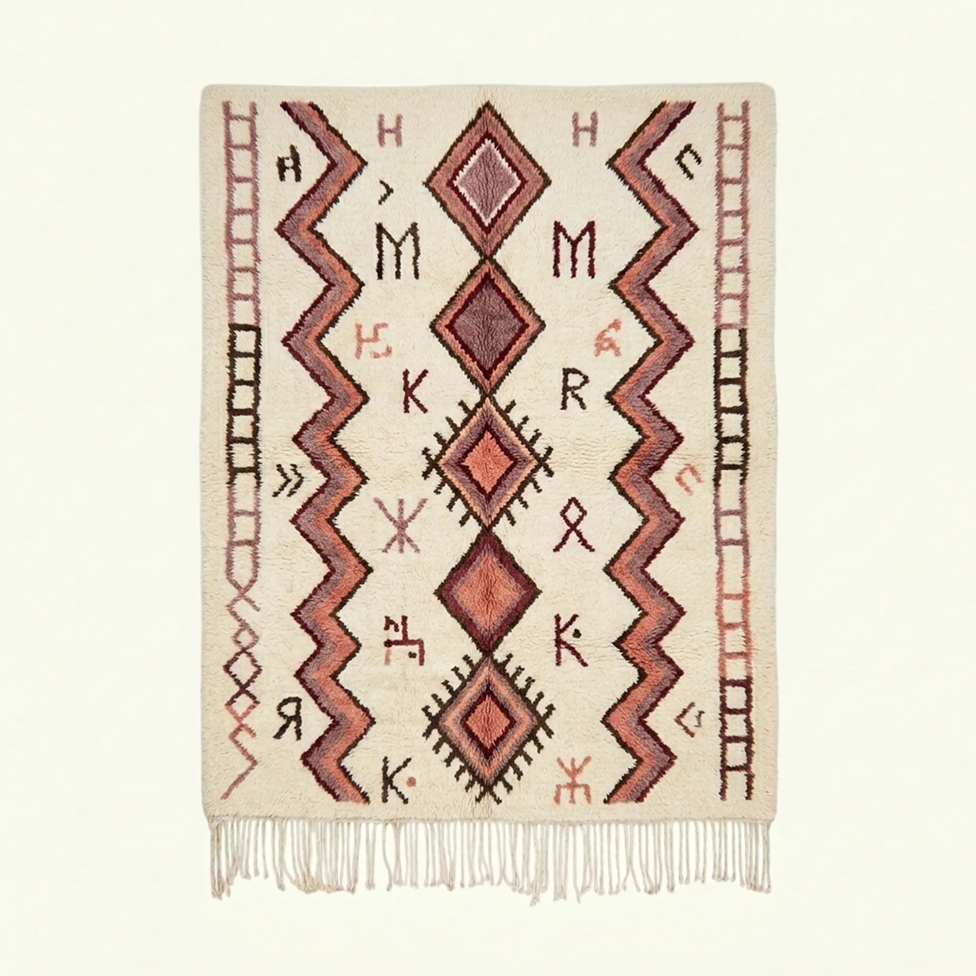 Ivory and burgundy Azilal rug with geometric diamond and zigzag design, full view