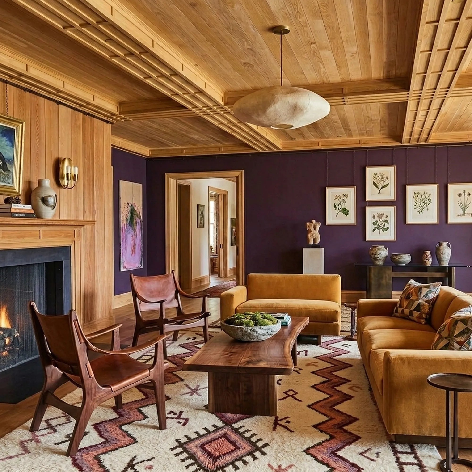 Ivory and burgundy Azilal rug styled in a neutral living room