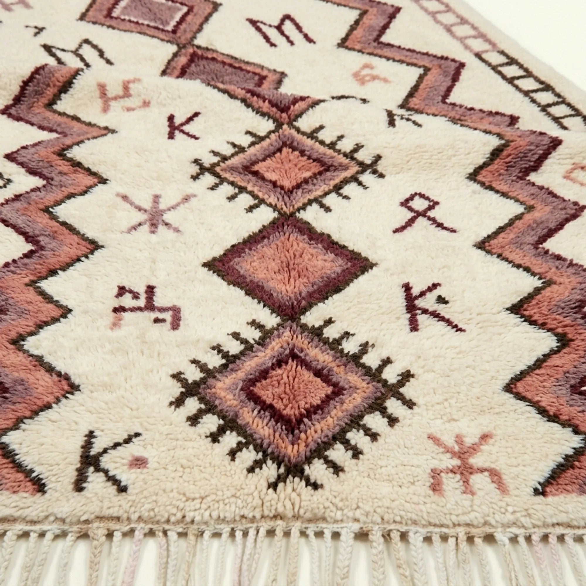 Close view of the burgundy geometric diamond pattern on an ivory Azilal rug