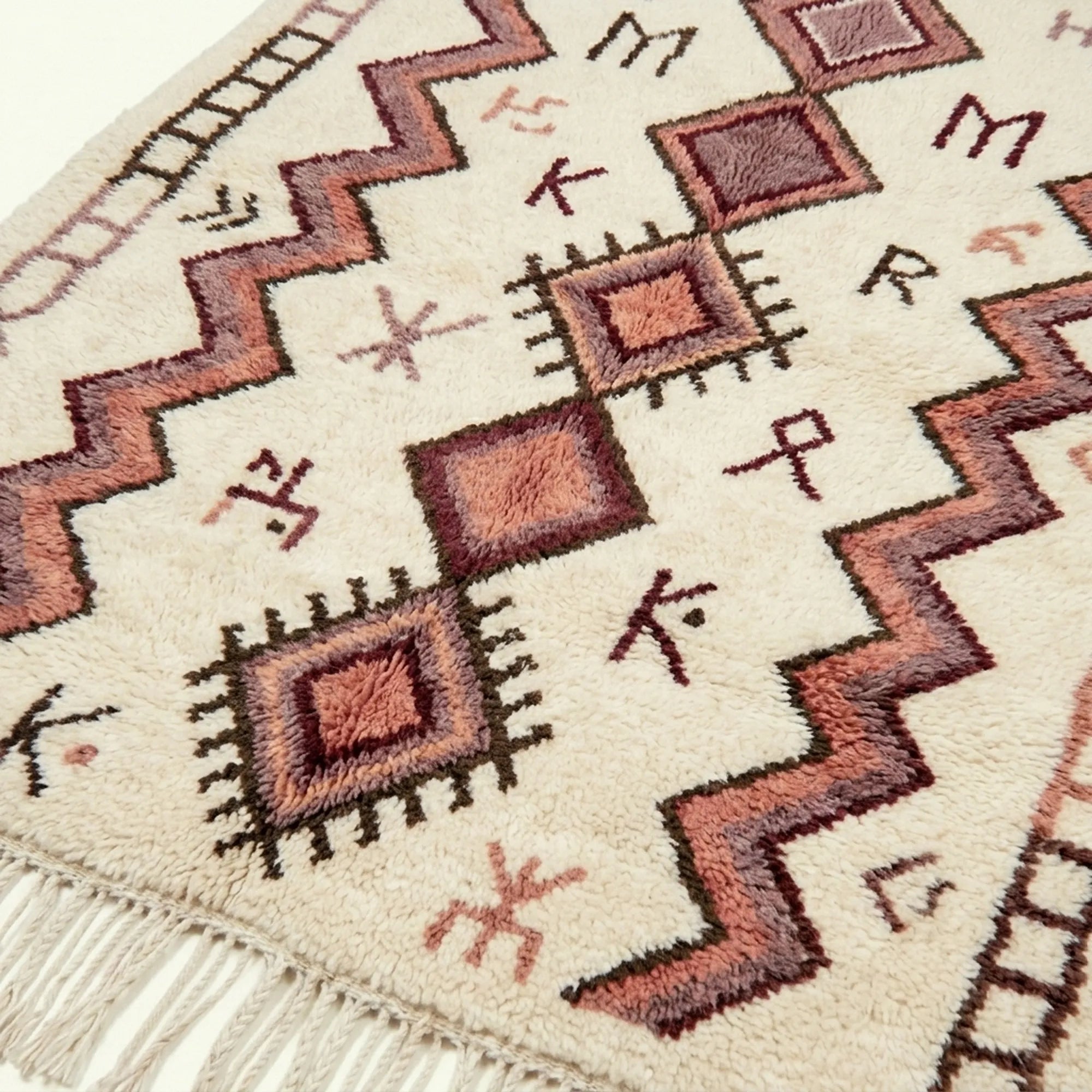Hand-touch craftsmanship detail of the ivory and burgundy Akalas Azilal rug