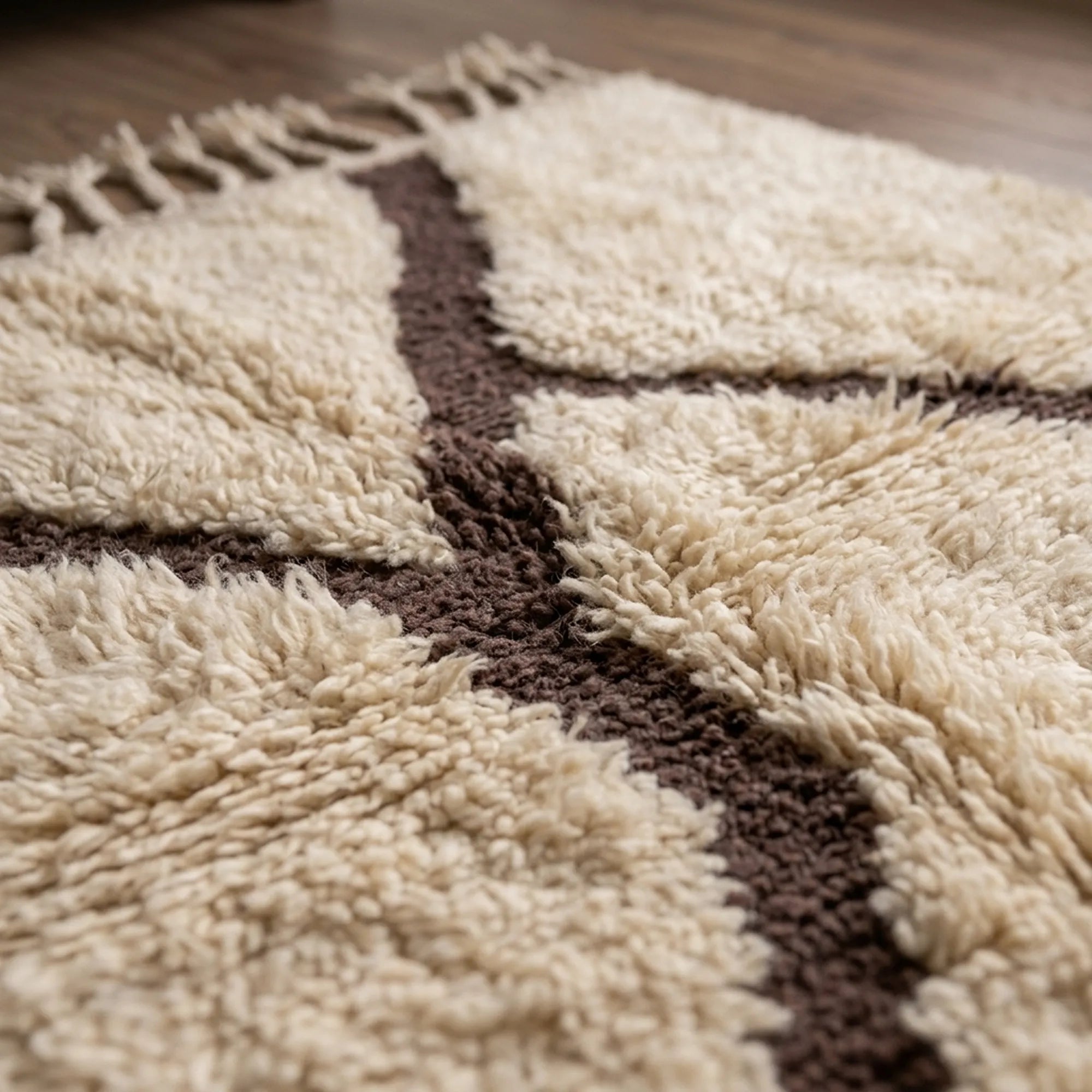 Close-up of the natural Atlas wool pile on the Mazigh ivory and burgundy Beni Ourain rug.