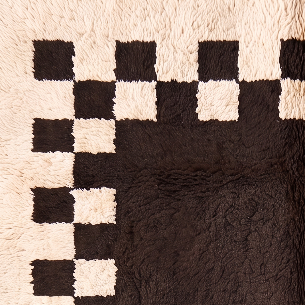 Fringe and border detail with checkerboard pattern and hand-knotted edge