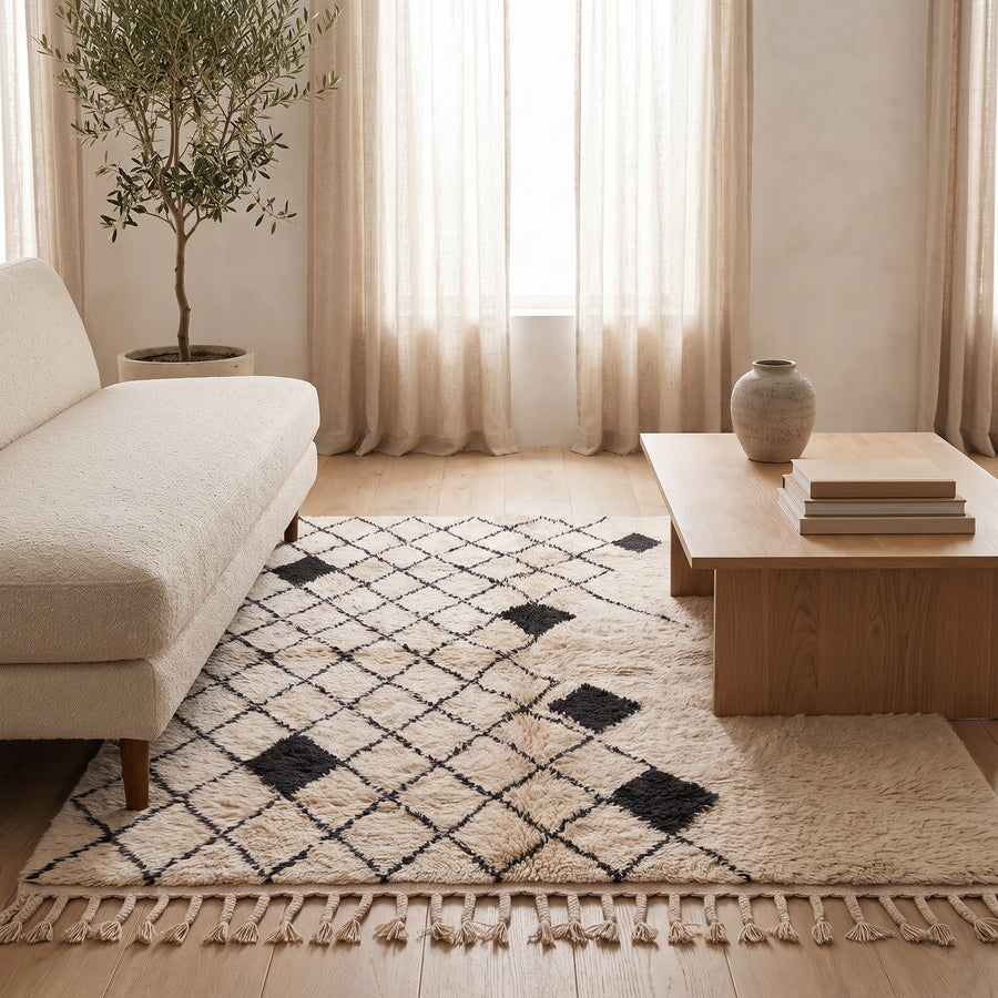 Ivory & Charcoal Beni Ourain rug styled in minimalist living room with cream armchair, wooden side table and olive tree