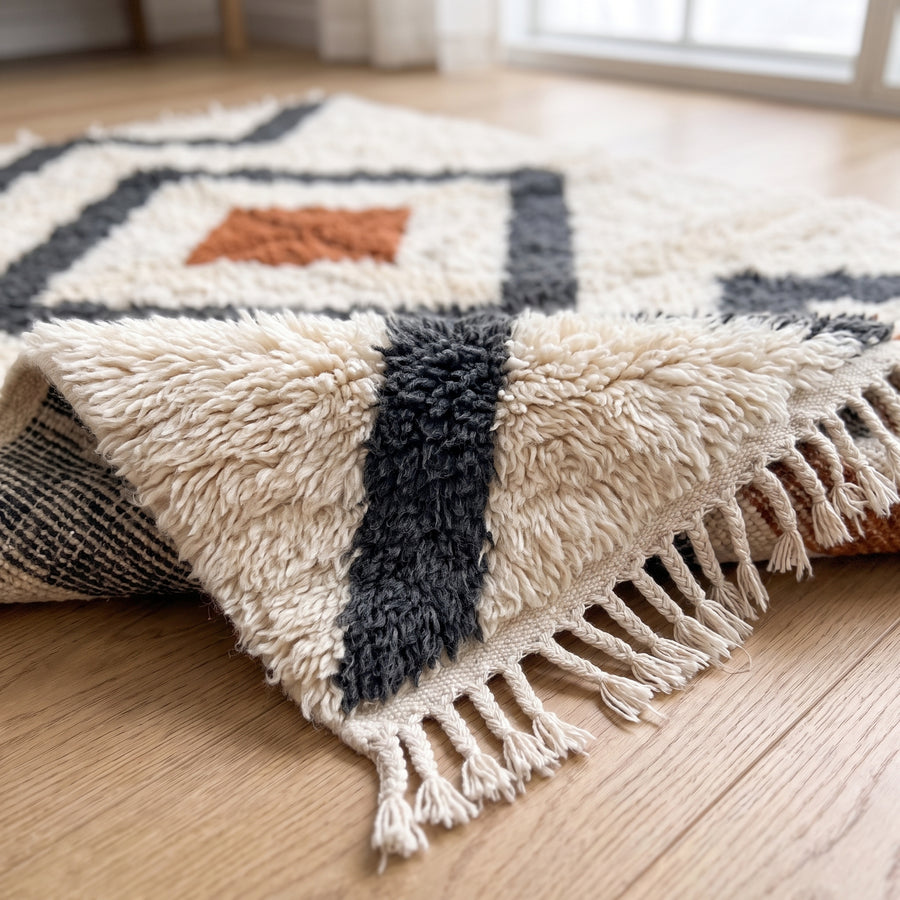 Ivory Beni Ourain rug with charcoal and terracotta diamond pattern in modern living room on wooden floor