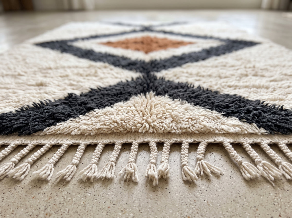 Close-up of thick soft pile on ivory and charcoal diamond sections of Beni Ourain rug, showing wool texture and depth
