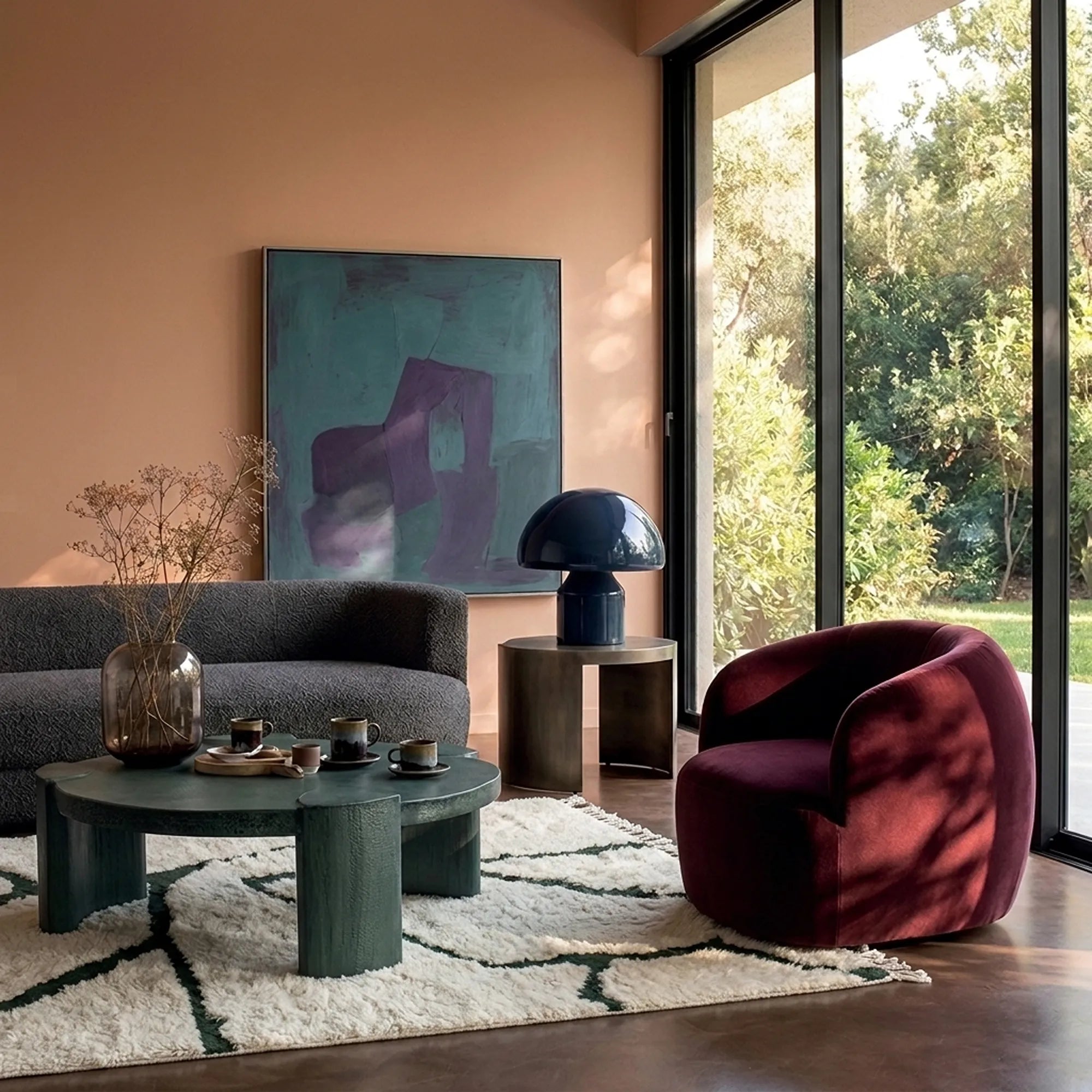 Tazla ivory and forest green Beni Ourain rug styled in a refined interior.