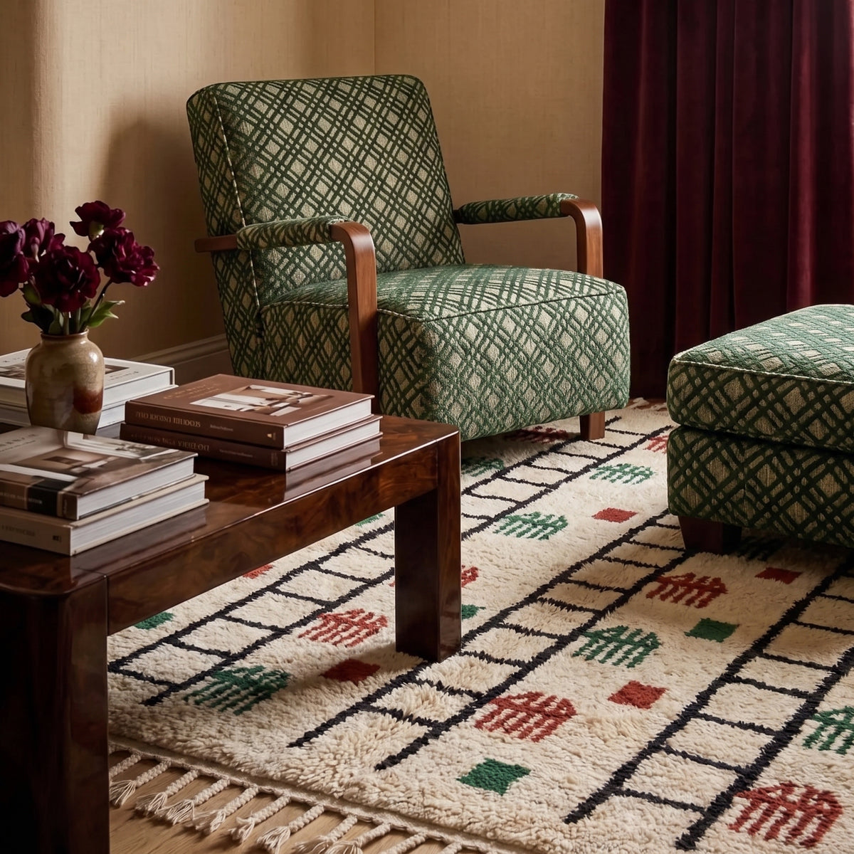 Ayyur Beni Ourain rug in living room with wood furniture, green patterned chair and maroon flowers