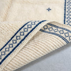 Rug corner with navy geometric border and fringe, pile texture visible