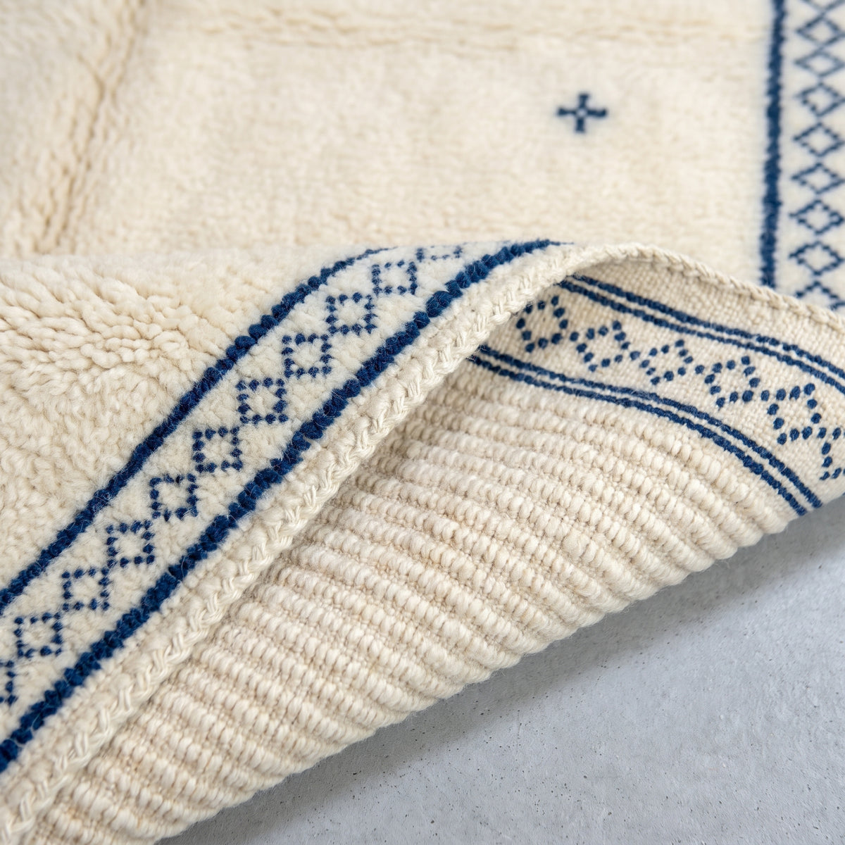 Rug corner with navy geometric border and fringe, pile texture visible
