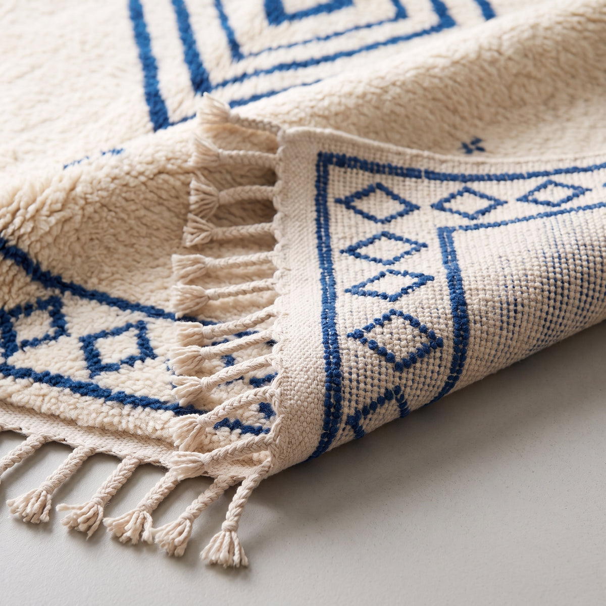 Fringe edge and border showing navy diamond pattern on ivory ground