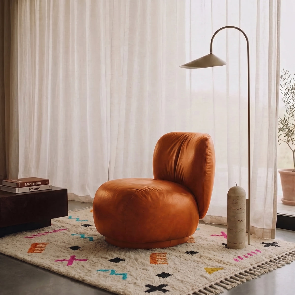 Ivory Azilal rug with symbol scatter pattern styled in a modern living room with terracotta chair, arc lamp and minimal decor