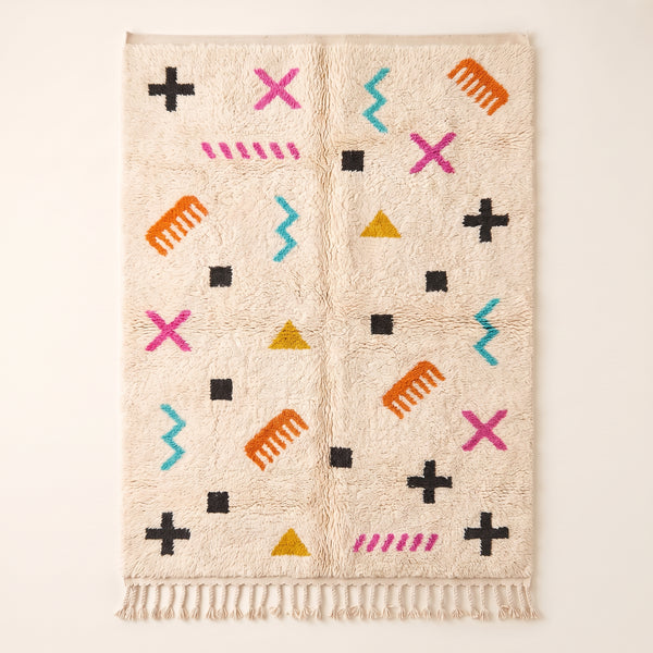 Tapis Azilal Ivoire, Magenta, Orange et Bleu Canard – Semis de symboles – Ayyur