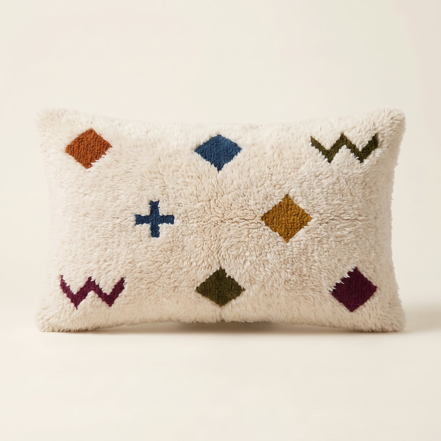 Ivory & Multicolor Moroccan wool lumbar pillow, Azilal Signs design, 14 x 24 in