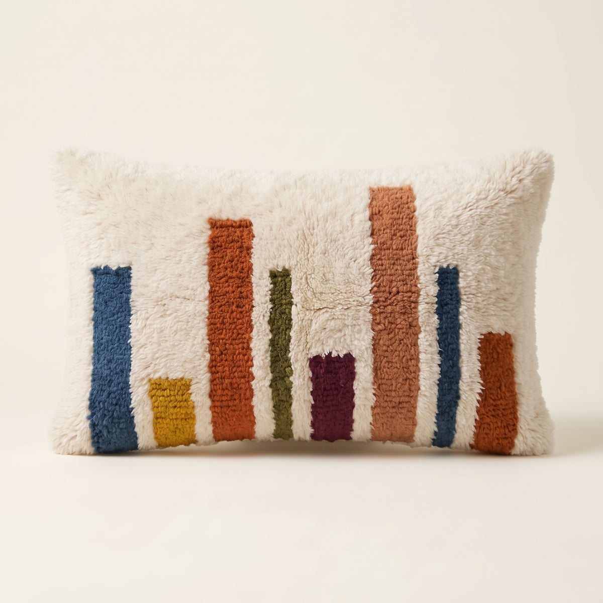 Ivory & Multicolor Moroccan wool lumbar pillow, Color Bars design, 14 x 24 in