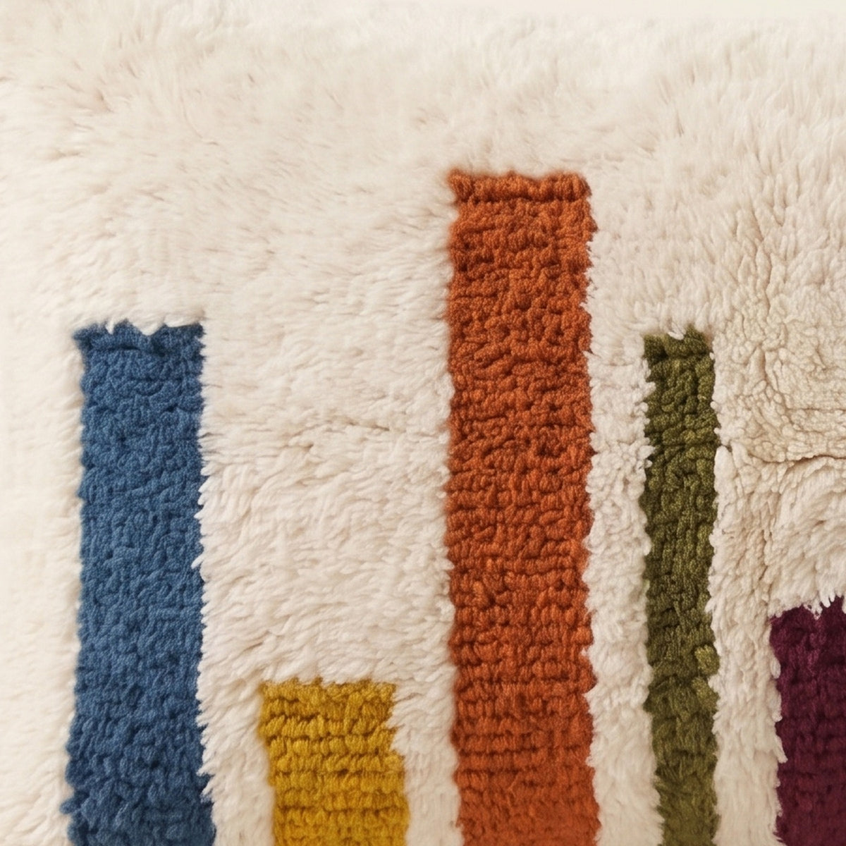 Side view of the Tiddukla Moroccan pillow showing its ivory and multicolor wool pile