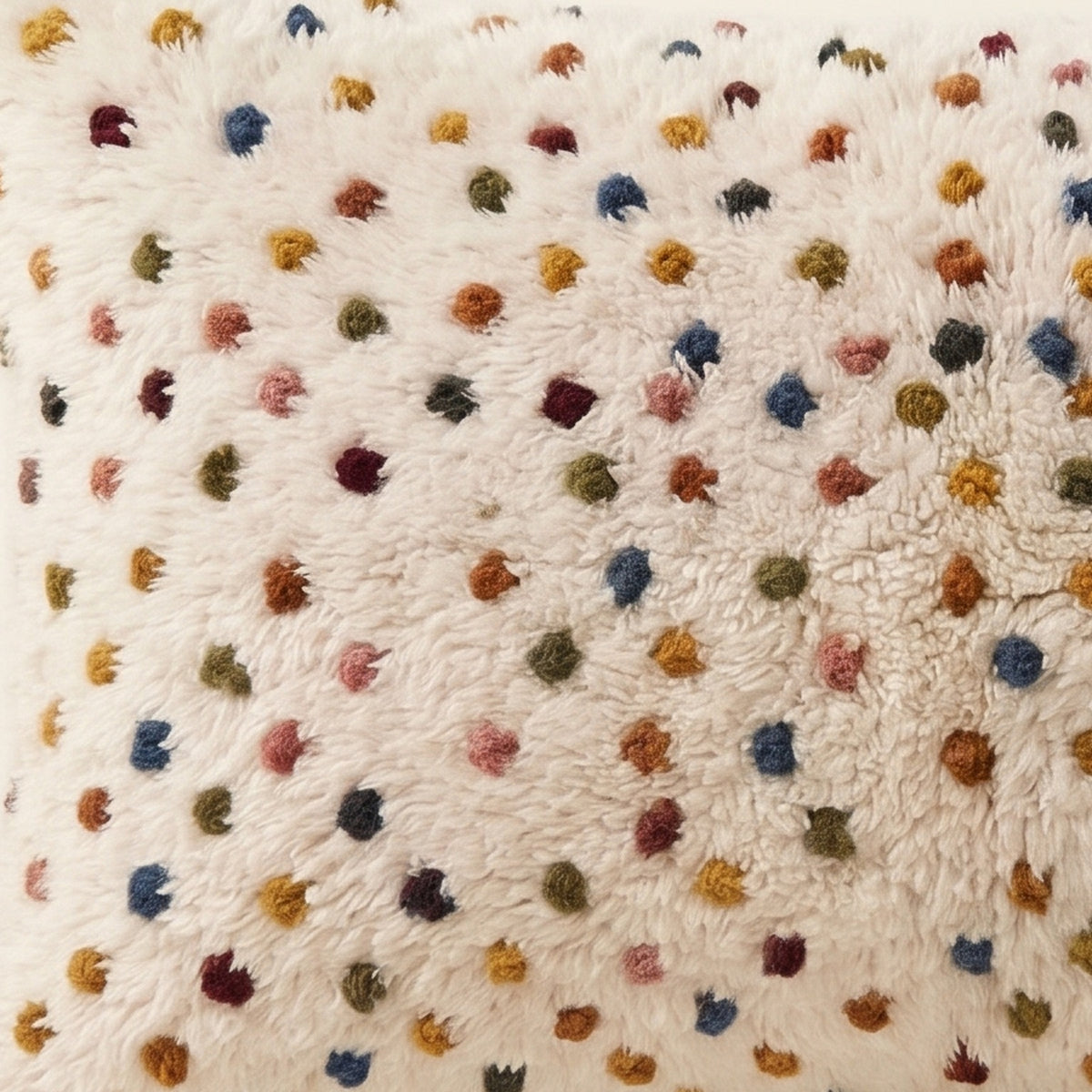 Side view of the Tamazirt Moroccan pillow showing its ivory and multicolor wool pile