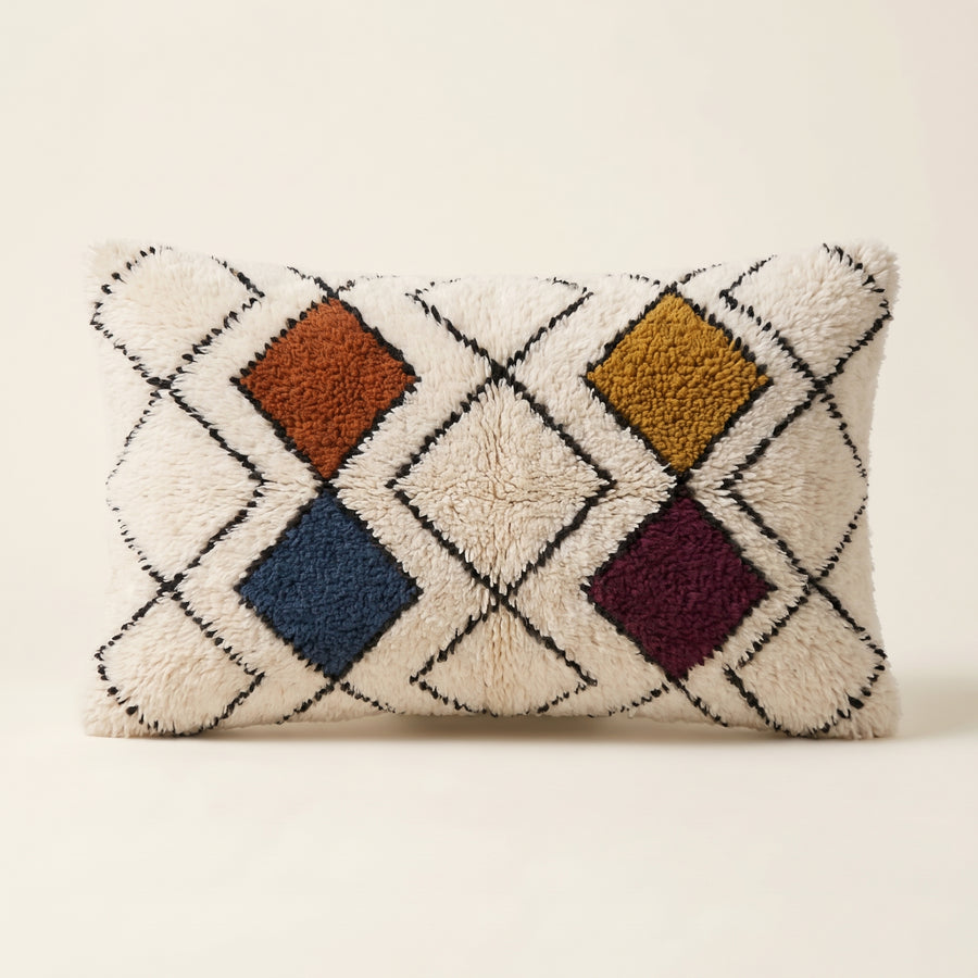 Ivory & Multicolor Moroccan wool lumbar pillow, Open Lattice design, 14 x 24 in