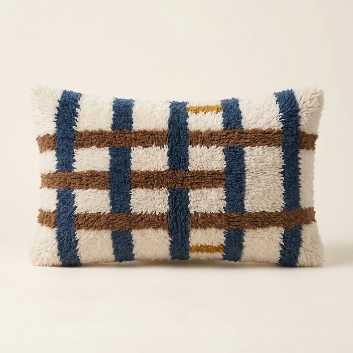 Ivory, Navy & Brown Moroccan wool lumbar pillow, Column Weave design, 14 x 24 in