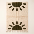 Ivory and olive Beni Ourain rug with sun motif, full flat view