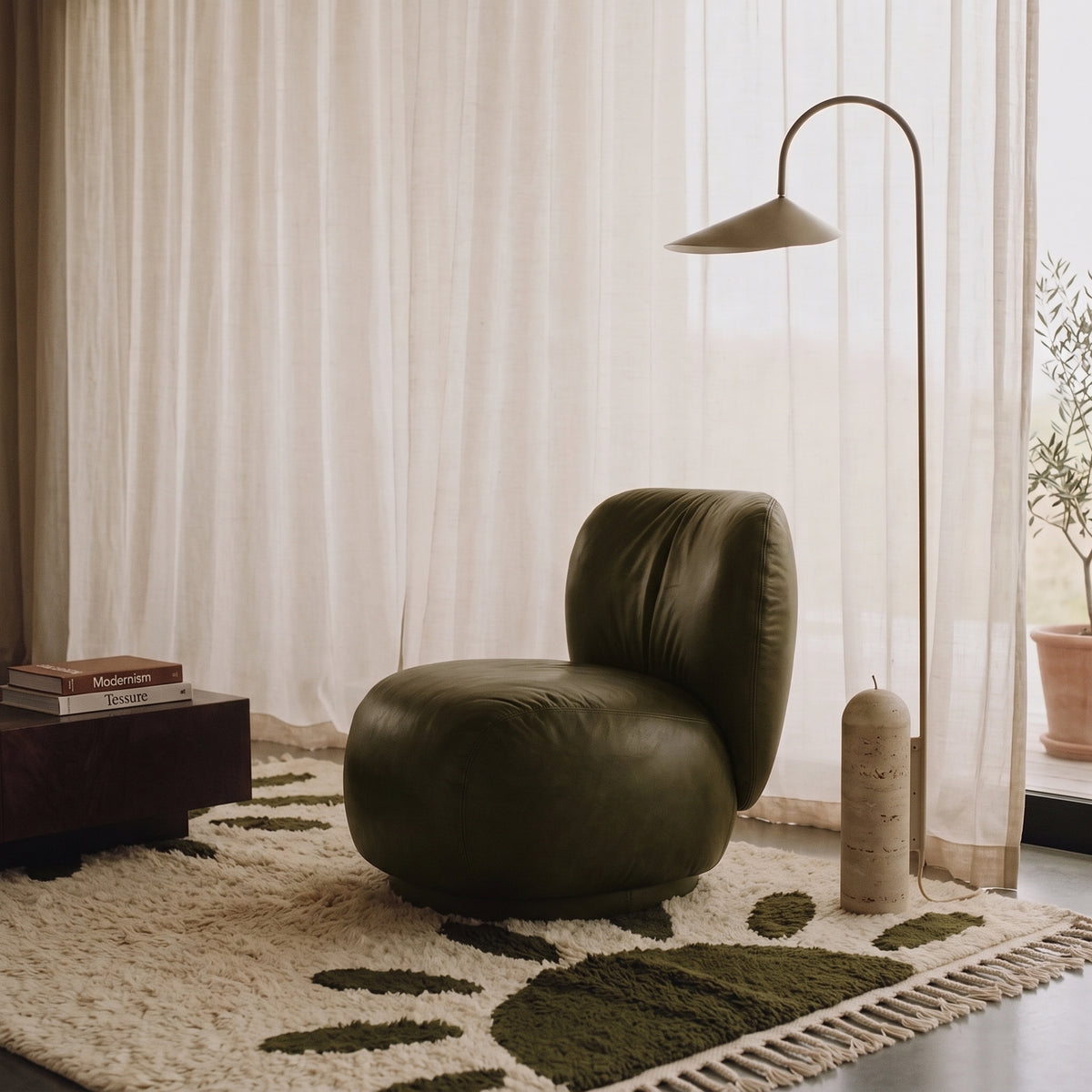Olive Beni Ourain sun rug in modern living room with olive chair