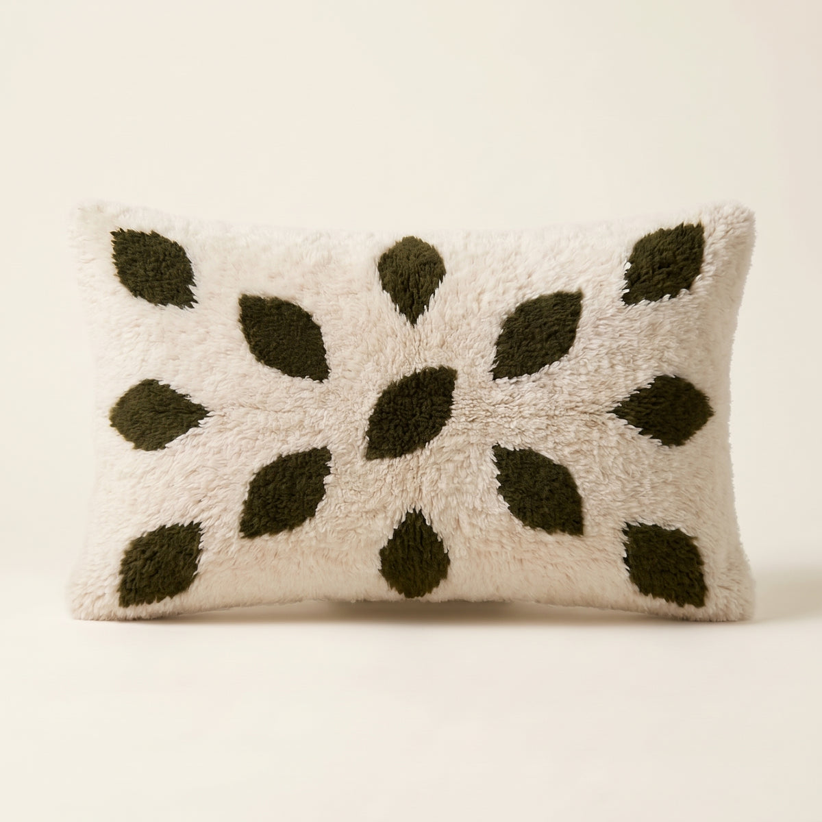 Ivory & Olive Moroccan wool lumbar pillow, Olive Petals design, 14 x 24 in