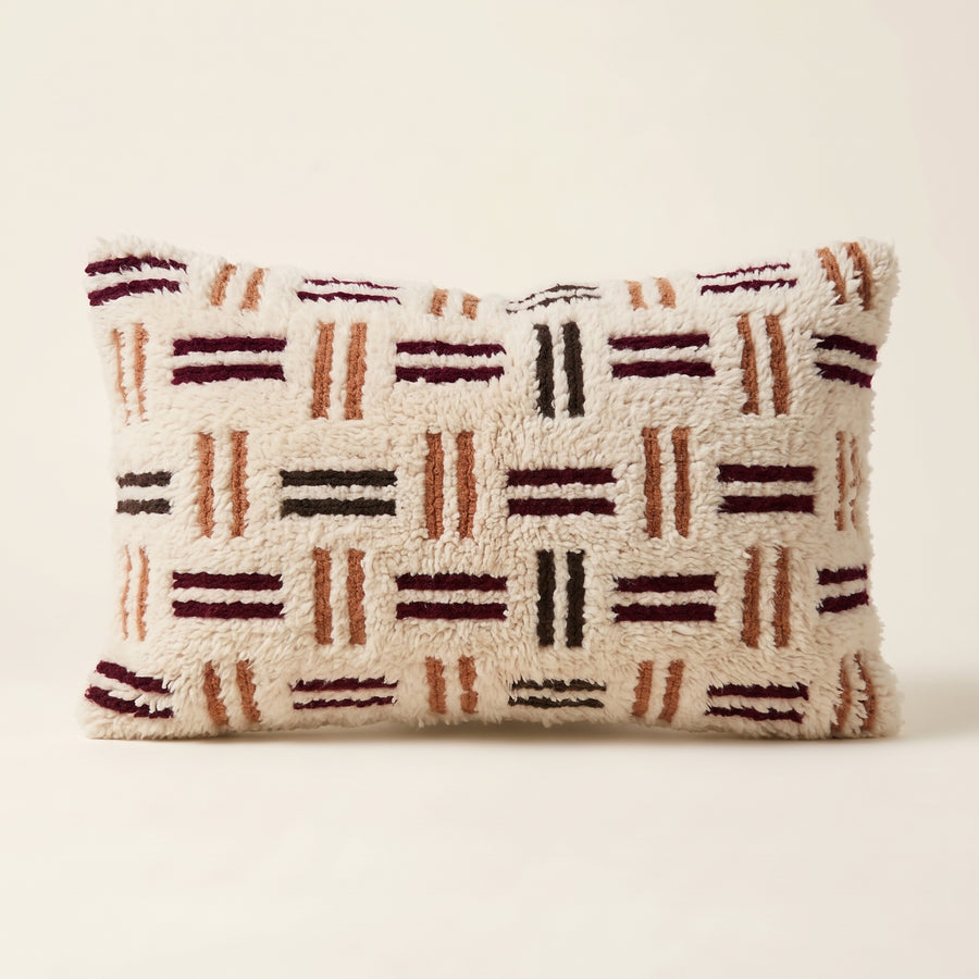 Ivory, Plum & Black Moroccan wool lumbar pillow, Brick Lattice design, 14 x 24 in