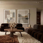 Ivory & Brown Mrirt rug Aznak with abstract stonework, styled in a living room