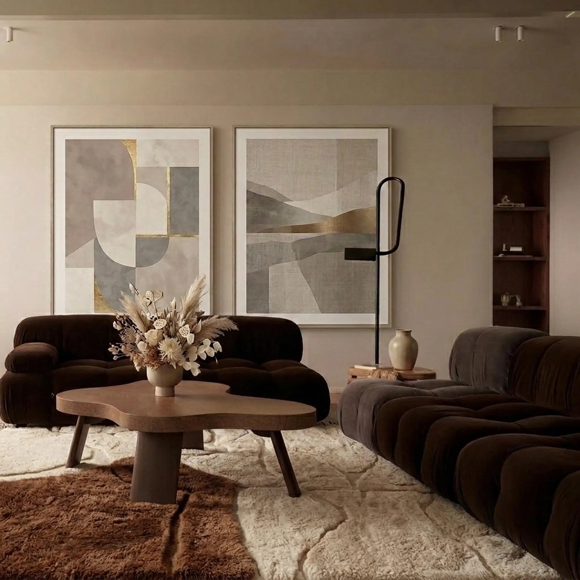 Ivory & Brown Mrirt rug Aznak with abstract stonework, styled in a living room