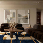 Navy & Mustard Mrirt rug Azrun with geometric grid, styled in a living room