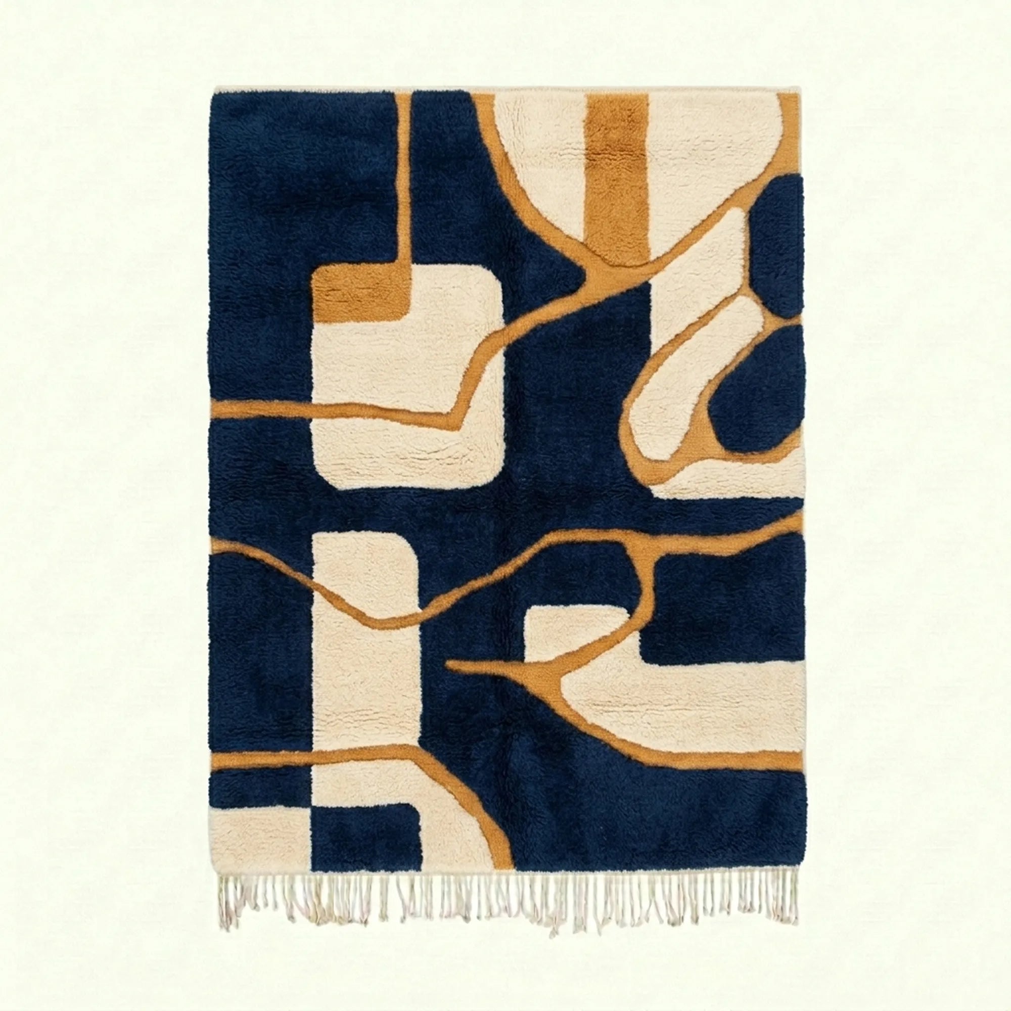 Navy & Mustard Mrirt rug Azrun with geometric grid, full rug view