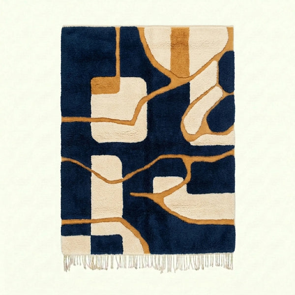 Tapis Mrirt Bleu Marine et Moutarde – Quadrillage géométrique – Azrun