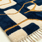 Navy & Mustard Mrirt rug Azrun, geometric grid raised pile detail