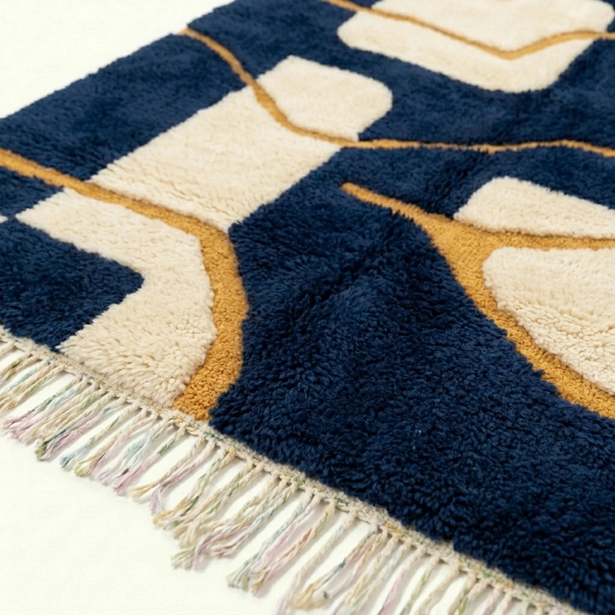 Navy & Mustard Mrirt rug Azrun, geometric grid fringe detail