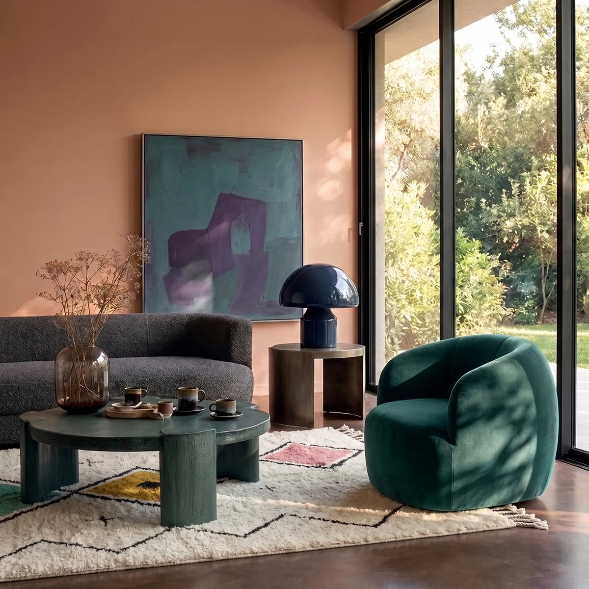 Broken diamonds rug in modern living room with teal chair and peach walls
