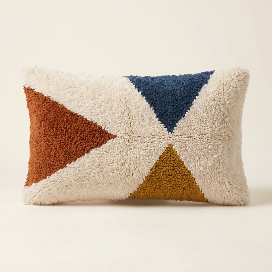 Ivory, Rust & Navy Moroccan wool lumbar pillow, Three Triangles design, 14 x 24 in