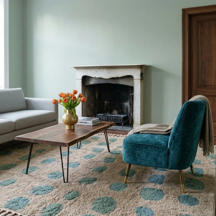 Taddart ivory and sage green Beni Ourain rug styled in a refined interior.