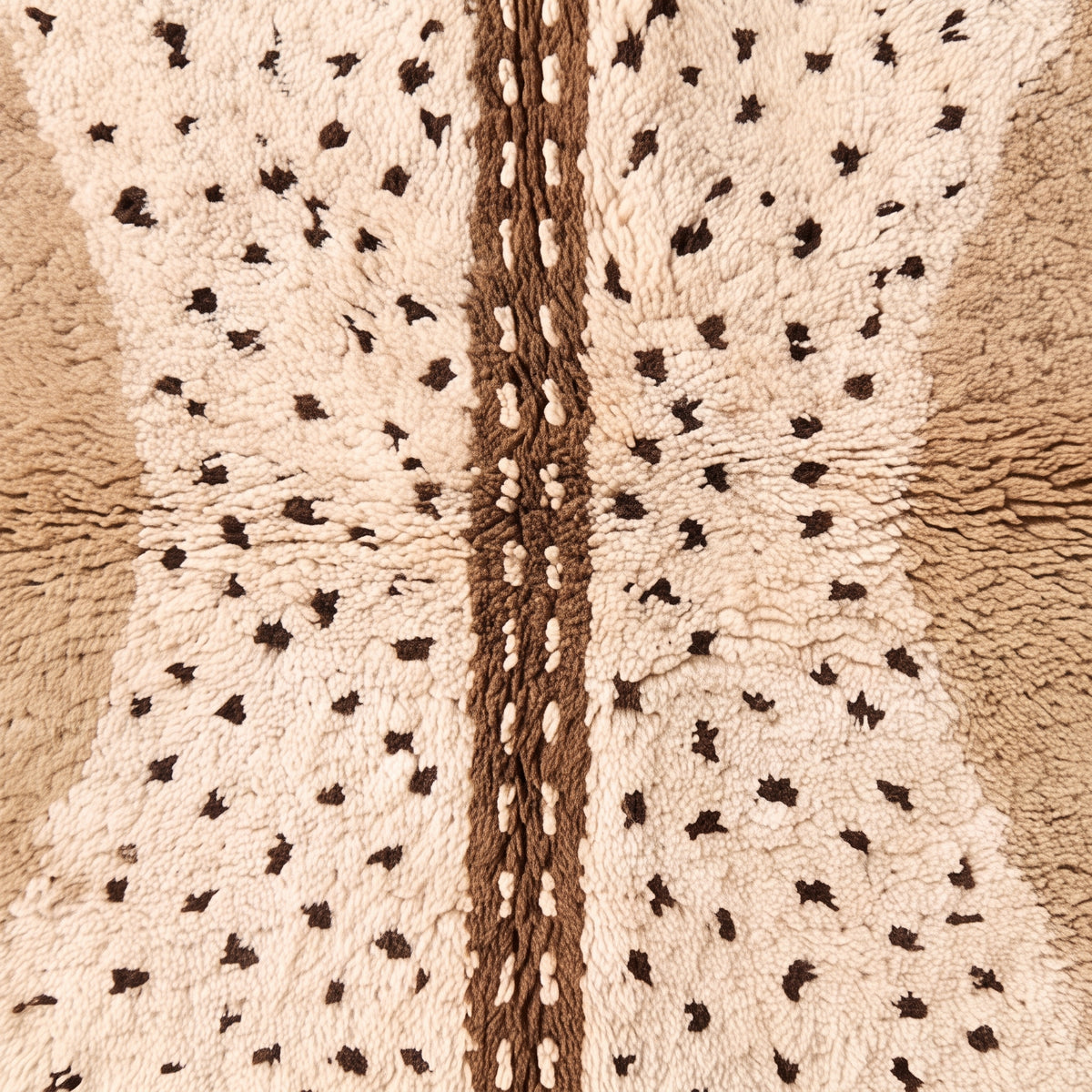 Overhead close-up of Beni Ourain center band showing brown and cream knotwork with scattered black diamond pattern