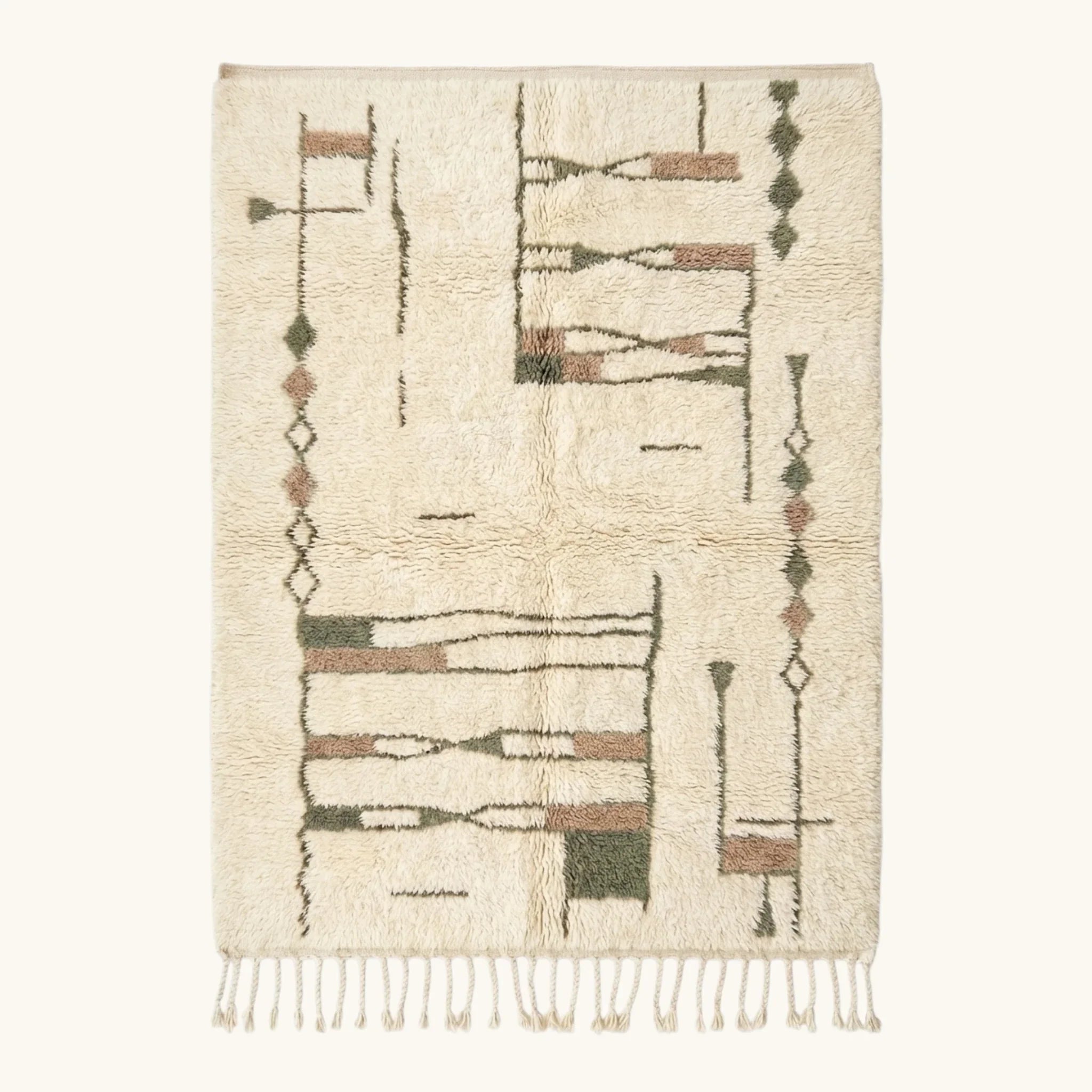 Full view of the Targa ivory, taupe and olive Beni Ourain rug with an abstract linear design.