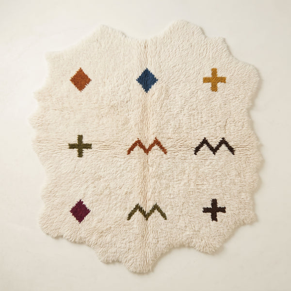 Tapis Azilal Ivoire, Terracotta, Bleu Marine et Olive – Symboles épars – Tanfust