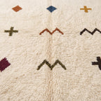 Close-up of pile texture showing ivory wool and terracotta, navy, and olive symbol details