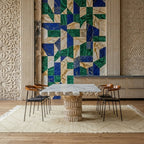 Ivory and beige Zanafi kilim rug Aniraf with geometric maze, styled living room view