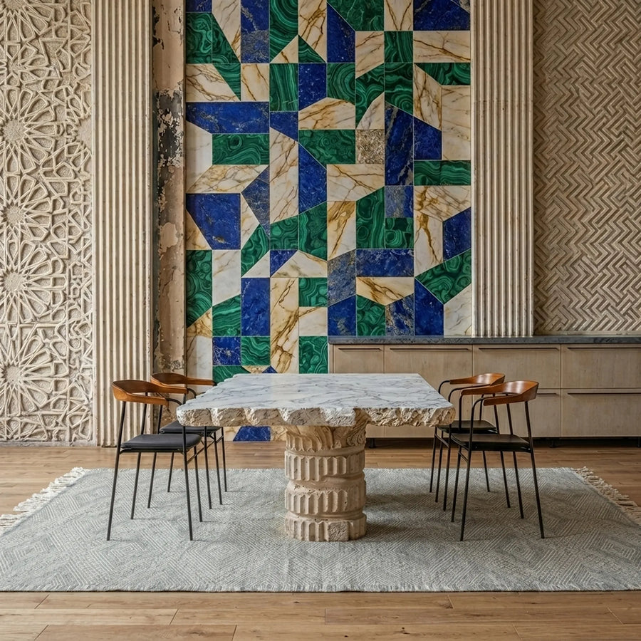 Ivory Zanafi kilim rug Tazarine with soft diamond maze, lifestyle room view
