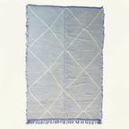 Blue Zanafi Kilim rug Kelaat with linear cross pattern, full rug view