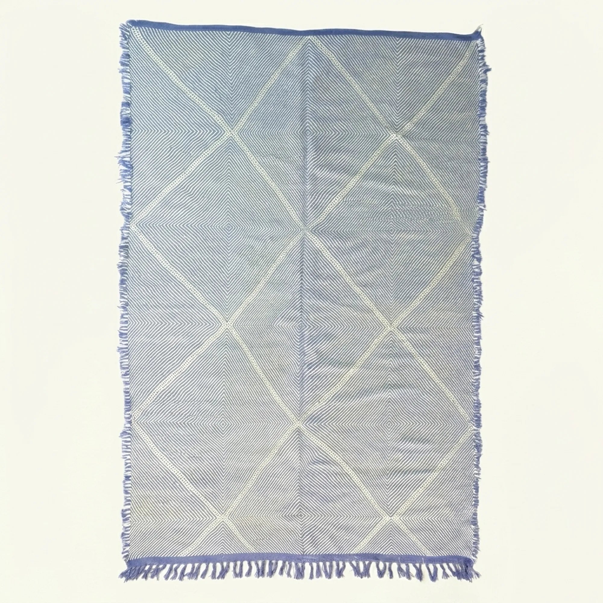 Blue Zanafi Kilim rug Kelaat with linear cross pattern, full rug view