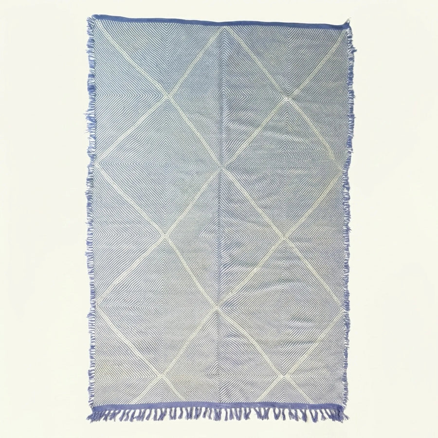 Blue Zanafi Kilim rug Kelaat with linear cross pattern, full rug view
