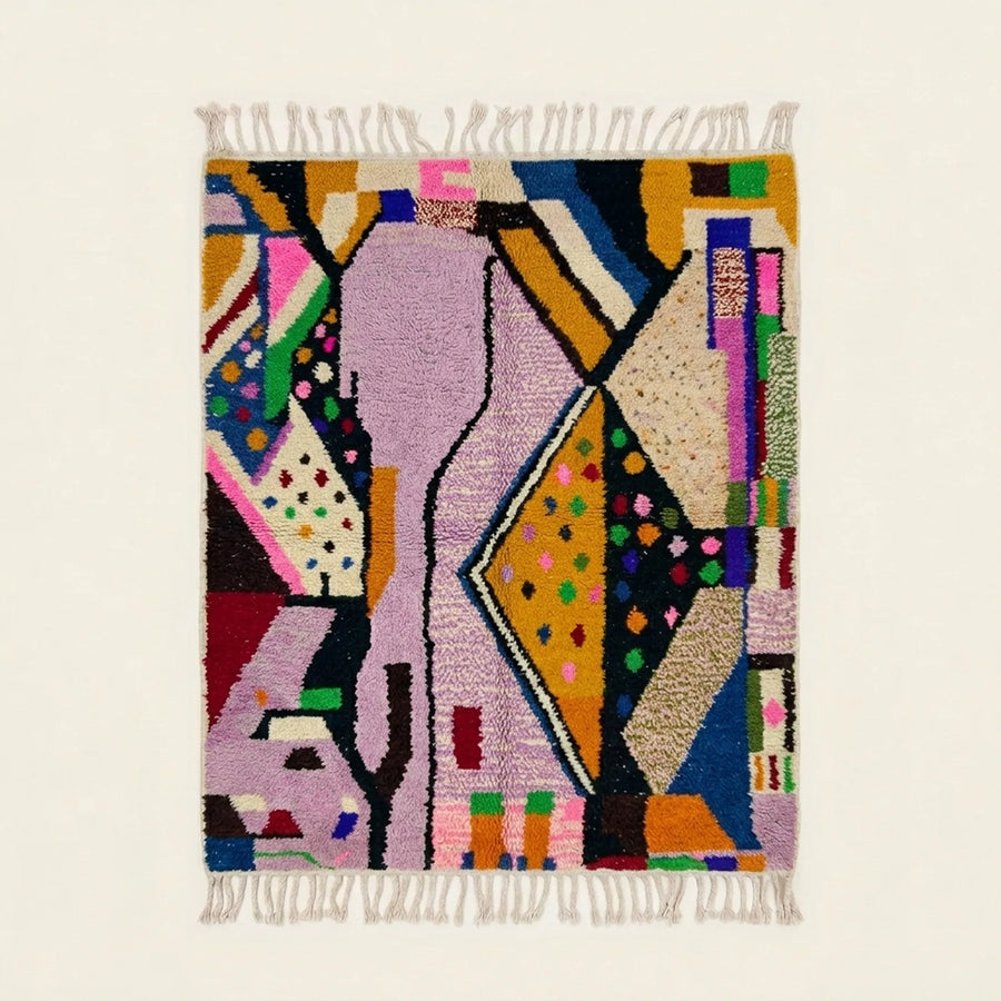 Full view of the Tamsa Boujaad rug in lilac, mustard, black, green and pink with angular abstract color-block forms