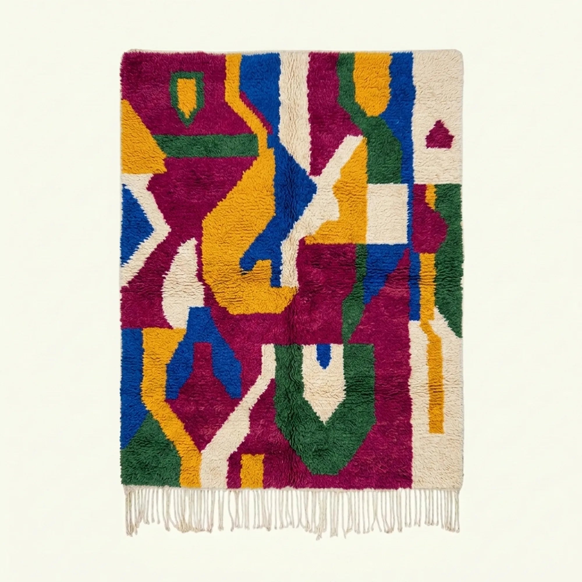 Full view of the Amzagh Boujaad rug in magenta, cobalt, mustard, green and cream with bold abstract ribbon shapes