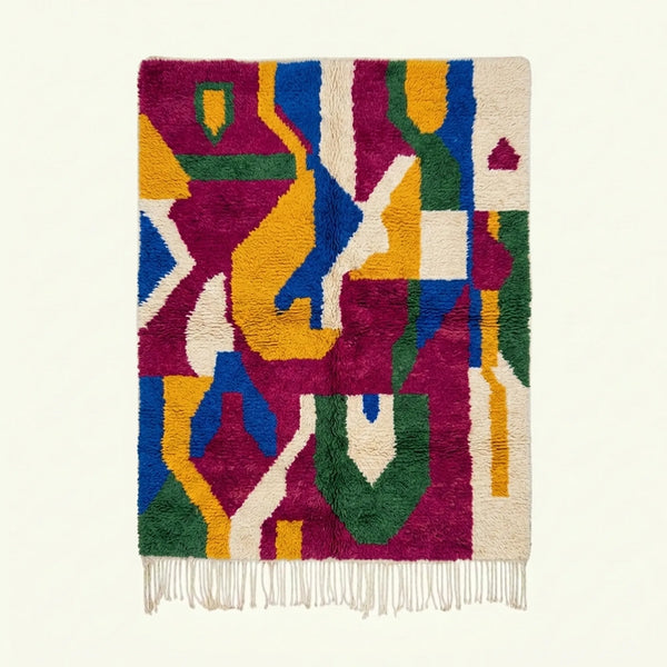 Magenta, Cobalt and Mustard Boujaad Rug – Bold Abstract Ribbon Color-Block Design – Amzagh