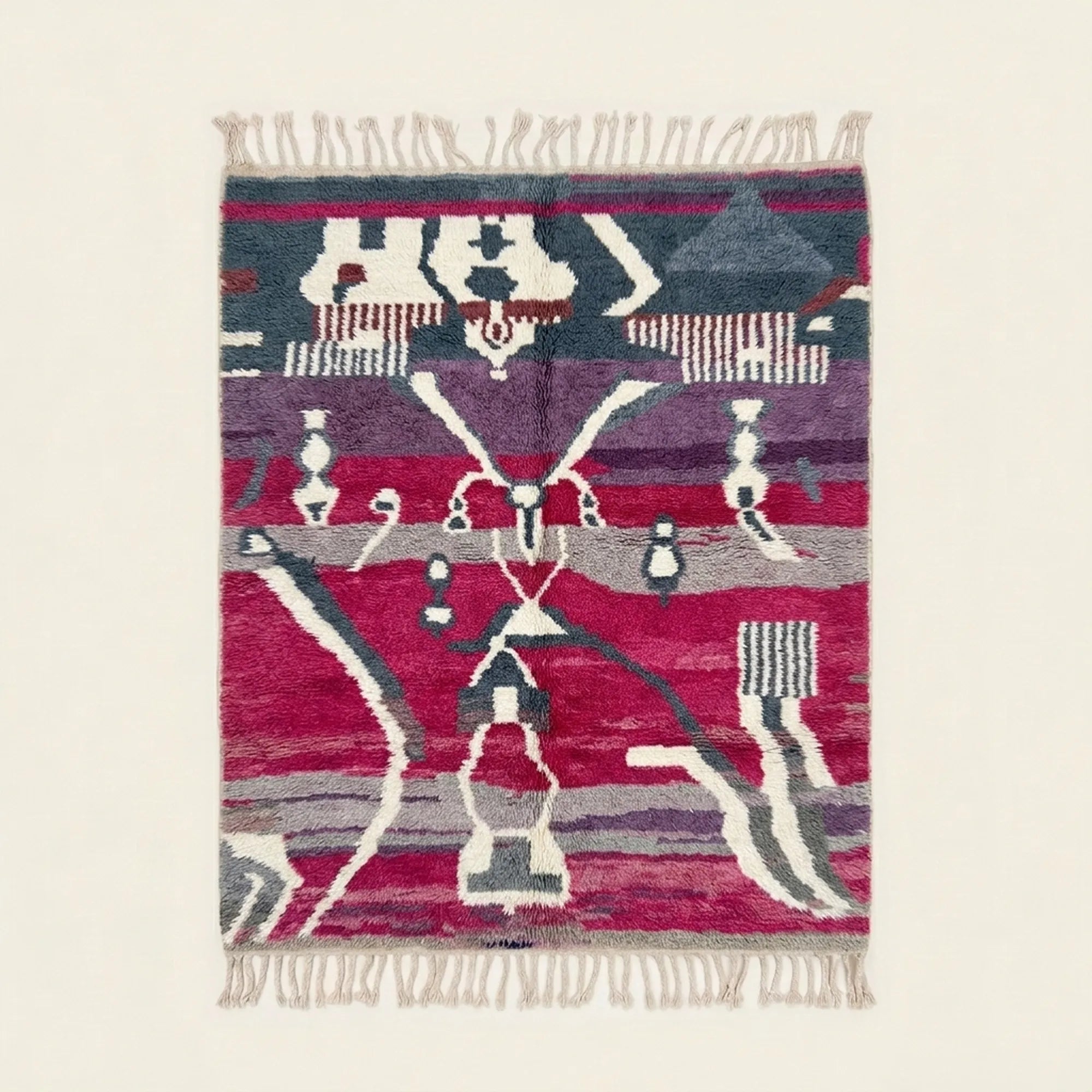 Full view of the Azemur Boujaad rug in magenta, gray, cream and black with horizontal symbolic bands and angular line motifs
