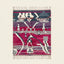 Full view of the Azemur Boujaad rug in magenta, gray, cream and black with horizontal symbolic bands and angular line motifs
